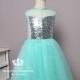 Silver Sequin Light Turquoise Tulle Glitter Flower Girl Knee Length Pageant Birthday Wedding Party Dress
