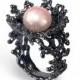 CORAL Flower Pink Pearl Ring, Black Ring, Black Engagement Ring, Pink Pearl Engagement Ring, Alternative Flower Ring