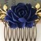 Wedding Hair Comb Bridesmaids Hair Accessories Navy Blue Flower Gold Leaves Dark Blue Bridal Headpiece
