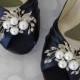 Navy Blue Peep Toe Wedding Shoes With Pearl And Rhinestone Adornment