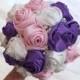 Satin Rose Bouquet, Ribbon Rose Bouquet, Purple, Pink & Ivory Flower accented with rhinestone (Large, 8 inch)
