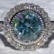 Blue Moissanite Gerbera Diamond Engagement Ring with Milgrain Bezels, Moissanite Engagement Ring with Floral Diamond Halo