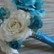 Blue Rose Bouquet, White Roses Silk Bridal Bouquet, Wedding Bouquet, Boutonniere, Teal Blue Rose, White Rose, Spring/Summer Wedding