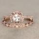 2 Morganite Bridal Set,Engagement ring Rose gold,Diamond wedding band,14k,7mm Round Cut,Gemstone Promise Ring,Claw Prongs,Pave Set,Handmade