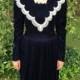 Vintage 1980s GUNNE SAX by Jessica McClintock Velvet Navy Blue Edwardian Lace Long Sleeve Formal Dress