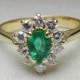 Vintage Emerald Ring Emerald Engagement Diamond Halo Ring Pear shape Columbian Emerald half carat total weight diamonds 18k yellow gold