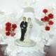 Vintage Cake Topper, Wedding Cake Topper, bride and groom cake topper, red white wedding cake topper, wedding veil, vintage
