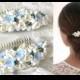 blue comb, flower comb, wedding stuff, bride comb, fresia corsage, bridesmaids comb, gift for her, hydrangea headband, hydrangea comb, blue
