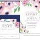 FUCHSIA & NAVY WATERCOLOR Flowers Wedding Invitation and RSvP Boho Floral 2 Pc Suite Blush Pink Blue Free Priority Shipping or DiY- Kennedy