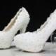 Lace Rhinestone Bead Round Toe Wedding Shoes - 5