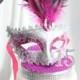 Masquerade, Mask, Rhinestone Sweet 16 Cake Topper Hot Pink and Silver, overthetopcaketopper