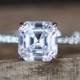 Forever One Moissanite Engagement Ring 6.5mm Asscher Cut Brilliant Moissanite Ring Eternity Diamonds Anniversary Ring 14K White Gold Ring