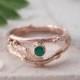 Rose Gold and Emerald Twig Engagement Ring Set, Woodland Wedding, Rustic Wedding, May Birthstone, Unique Engagement Ring