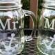 Mr. Mrs Etched Glass Mason Jar  Glasses Set of 2  with Anchor Nautical Theme  Wedding Reception Shower Gift Glasses