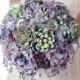 Succulent Brooch Bouquet Alternative, Mercury Glass Wedding Lilac Purple fabric brooch bouquet,  artificial bouquet, silver dusty purple