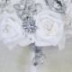Spectacular Silk Brooch Wedding Bouquet - White Roses and Brooch Jewel Bride Bouquet - Rhinestones