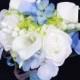Wedding Bouquet Blue Hydrangeas, White Roses and Calla Lilies Silk Flower Bride Bouquet - Almost Fresh