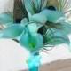 Turquoise Aqua Mint Wedding Flower Bouquet Peacock Feathers and Robbin's Egg Calla Lilies