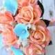 Wedding Coral Orange and Turquoise Teal Natural Touch Roses and Callas Silk Flower Seashells Bride Bouquet