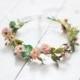 Blooming Peach Flower+Cherry Blossoms and Greenery Crown With Ribbon Tie
