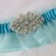 Turquoise Blue Prom 2017 Garter, Teal Wedding Garter, Something Blue Bridal Garter with AB Crystals Bling, Liga, Jarretiere