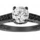 ON SALE Natural White & Black Diamond Engagement Ring Antique Vintage Style Engraved 14K Black Gold 1.22 Carat Certified Handmade