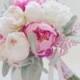 Pink and Cream Peony Bouquet with Lambs Ear and Pink Statice Silk Wedding Bouquet Bridal Bouquet