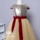 Gold Sequin Soft Tulle Flower Girl Dress Cap Sleeve Birthday Party Dress Knee Length With Cranberry Belt