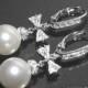 White Pearl Bridal CZ Chandelier Earrings Swarovski 10mmm Pearl Wedding Earrings Leverback Earrings Pearl Bow Earrings Bridesmaids Jewelry - $31.90 USD