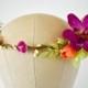 Orchid flower crown. Purple and orange floral crown with greenery. Silk floral crown for tropical weddings. Bridesmaids hair wreath.