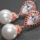 White Pearl Rose Gold Bridal Earrings Swarovski 10mm Pearl CZ Pink Gold Earrings Wedding Drop Pearl Earrings Bridesmaid Jewelry Prom Jewelry - $27.00 USD