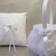 White on White Wedding Bridal Flower Girl Basket and Ring Bearer Pillow Set ~ Double Loop Bow & Hearts Charm ~ Allison Line