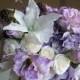 Lavender Bouquet & Boutonniere Set - Lisianthus, Miniature Roses, Orchids, Hydrangea, Crystals, Lace - Rustic Garden Wedding, Romantic Fairy