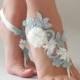 Blue Lace Barefoot Sandals 3D ivory Flowers Sandals Beach wedding Barefoot Sandals,Footless sandles Bridal Lace Shoes, Bridesmaid Sandals - $29.90 USD