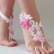 White Lace Barefoot Sandals Pink flowers Wedding Shoes Wedding Photography beach wedding barefoot sandals Beach Sandals footless sandles - $27.90 USD