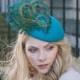 Turquoise/jade/blue felt and peacock feather percher hat for wedding guest or Ascot races.
