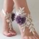 Ivory Purple Flowers Lace Barefoot Sandals Wedding Barefoot beach wedding barefoot sandals Nude shoes, Bridal party, Bridesmaid gifts - $26.90 USD
