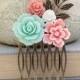 Flower Collage Comb Floral Hair Accessories Shabby Style Wedding Bridal Coral Pink Rose White Rose Mint Aqua Antique Gold Brass Leaf Leaves