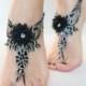 Bohemian Foot Jewellry Black Silver 3D flowers Beach wedding Barefoot Sandals Lace Sandles, Bridal Lace Shoes, Foot Jewelry Belly Dance, - $27.90 USD