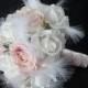 Realtouch Cream/white roses Blush Silk Roses Feathers Rhinestone Bridal Wedding Bouquet Set