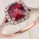 Garnet Engagement Ring - 14kt Rose Gold With Cushion Cut Garnet Spilt Shank Halo Diamond Engagement Ring - 6x6 Centre
