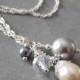 LIght and Dark Gray Pearl Cluster Necklace with Crystal on Sterling Silver Chain Beaded Pendant  Bridesmaid Jewelry Mystic Pewter Ivory