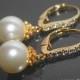 Pearl Bridal Earrings Pearl CZ Gold Leverback Wedding Earrings Swarovski 10mm Ivory Pearl Earrings Bridal Pearl Earrings Bridesmaids Jewelry - $29.50 USD