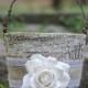 Birch Flower Girl Basket Rustic  Burlap Lace and A Paper Rose
