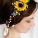 sunflower crown, sunflower wedding, sunflower headband, yellow flower crown, rustic flower crown, yellow and blue flower crown, gold pearls