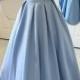Two Piece High Neck Blue Satin Floor-length Criss-cross Straps Appliques Prom Dress