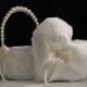 Ivory Flower Girl Basket   Heart Ring Bearer  Pearl Handle Basket  Ivory Wedding Basket, Heart Ring Pillow, Lace Wedding Basket Pillow Set