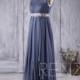 2017 Steel Blue Chiffon Boho Bridesmaid Dress, Scoop Neck Wedding Dress with Lace Belt, Illusion Prom Dress Empire Waist Floor Length (H236)