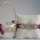 Wedding Flower girl basket and ring bearer pillow set Coral and Purple with rhinestones   wedding Bridal sash belt   Coral Bridal Garter Set