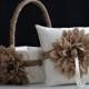 Rustic Ivory Brown Burlap Wedding Flower Girl Basket and Ring Bearer Pillow Set